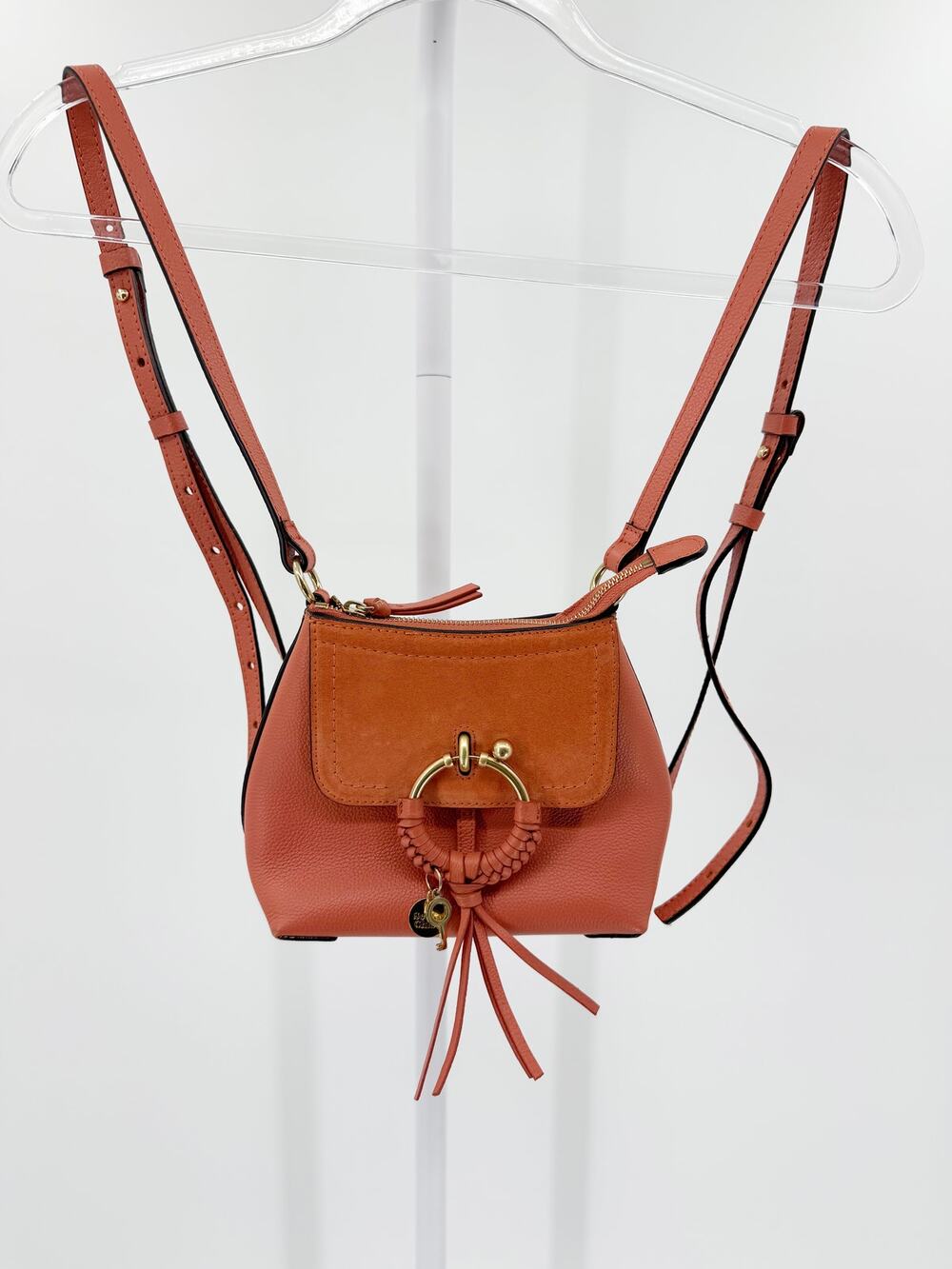 See by Chloe Joan Mini Backpack Orange Caramel Leather Suede Braided Ring Bag